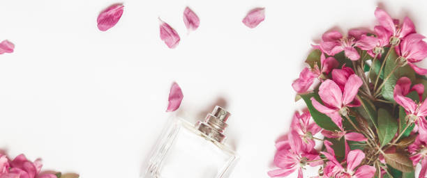 istock perfume and pink flowers. Banner 1346707572