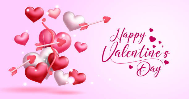 Happy valentines greeting vector design. Happy valentine's day typography text with cupid's bow and arrow element in cute hearts background for valentine decoration. Happy valentines greeting vector design. Happy valentine's day typography text with cupid's bow and arrow element in cute hearts background for valentine decoration. Vector illustration. cupid stock illustrations