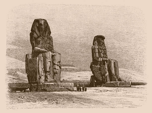 die kolosse von memnon sind zwei massive steinstatuen des pharaos amenophis iii., der während der achtzehnten dynastie ägyptens in ägypten regierte. - egyptian dynasty stock-grafiken, -clipart, -cartoons und -symbole