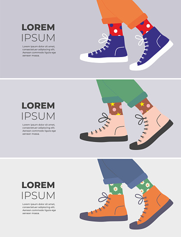 Shoe pair, boots, footwear banner set. Canvas shoes. Feet legs walking in sneakers with colored socks and jeans. High-top and low-top sneakers. Lace-up shoes. Color Isolated flat vector illustration