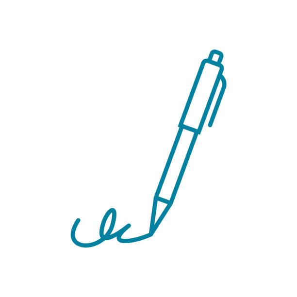 Signature line icon. Digital signature symbol. Biometrics handwriting recognition. Blue pen writing. Sign a contract outline. Ratify, underwrite, undersign idea. Vector illustration, flat, clip art. writing activity stock illustrations