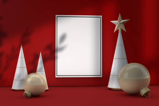 istock Christmas mockup frame with christmas decoration and red background 1346710970