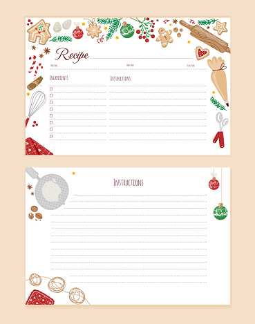 Empty recipe card template with colorful cooking utensils, baking ingredients and spices in christmas-style.Cookbook pages for christmas cooking and baking.Vector flat illustration.