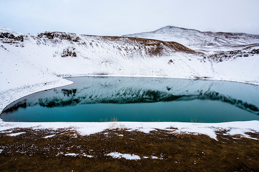 Lake Viti a active caldera of Krafla volcano, a blue water crater in <iceland