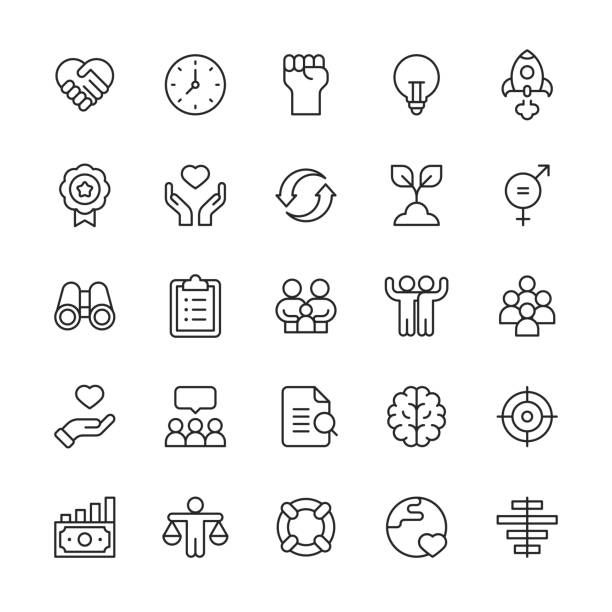 core values line icons. editable stroke. pixel perfect. for mobile and web. contains such icons as ambition, charity, equality, family, friendship, growth, innovation, love, money, quality, responsibility, social issues, sustainability, teamwork, trust. - 可持續性 生活 幅插畫檔、美工圖案、卡通及圖標