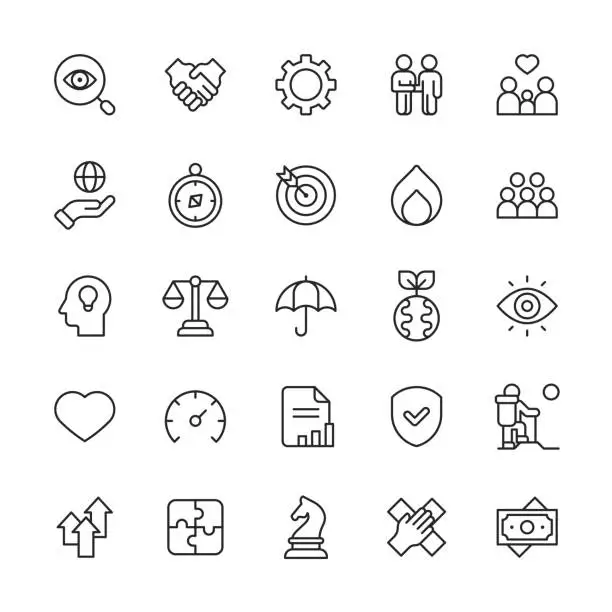 Vector illustration of Core Values Line Icons. Editable Stroke. Pixel Perfect. For Mobile and Web. Contains such icons as Ambition, Charity, Equality, Family, Friendship, Growth, Innovation, Love, Money, Quality, Responsibility, Social Issues, Sustainability, Teamwork, Trust.