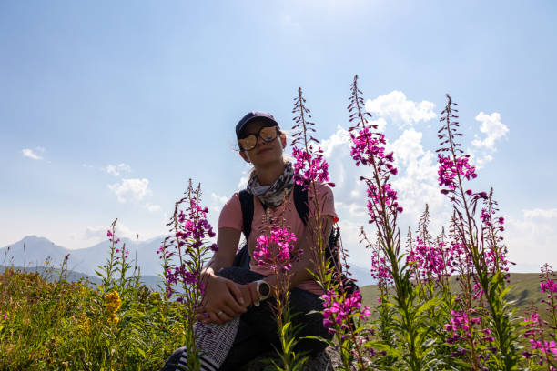 Adishi - A woman sitting between the bushes of Rosebay Willowherb blooming in high Caucasus mountains in Georgia A woman sitting between the bushes of Rosebay Willowherb blooming in high Caucasus mountains in Georgia. There are high, snowcapped peaks in the back. Thick clouds in the back. Purple flowers. Happy georgia country stock pictures, royalty-free photos & images