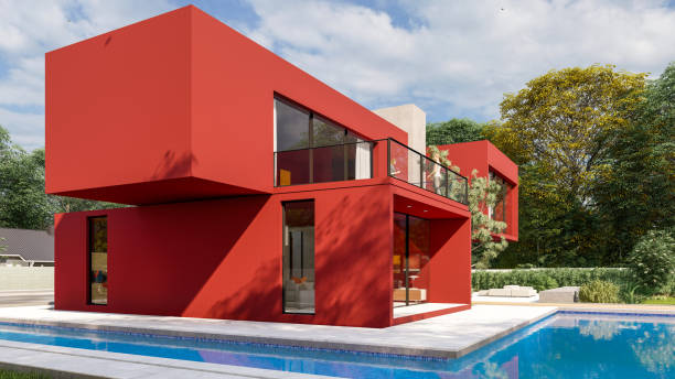 istock Big contemporary red villa with pool and garden 1346719067