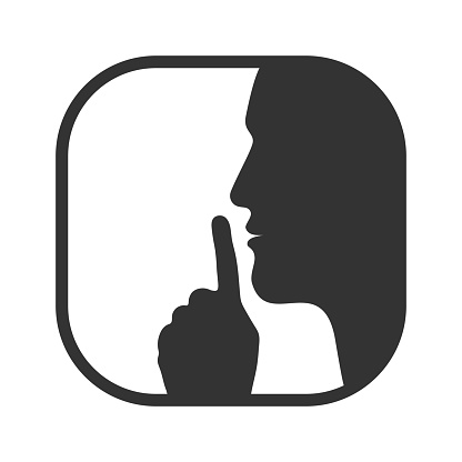 No talking please. Head human silhouette with finger on lips. Sign ask for silence isolated on white background. Vector illustration