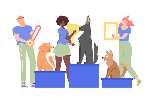 Dog show. Pets are on a pedestal, their owners stand next to the awards with a gold cup for first place, a medal, and a diploma. Animal training. Vector flat illustration.