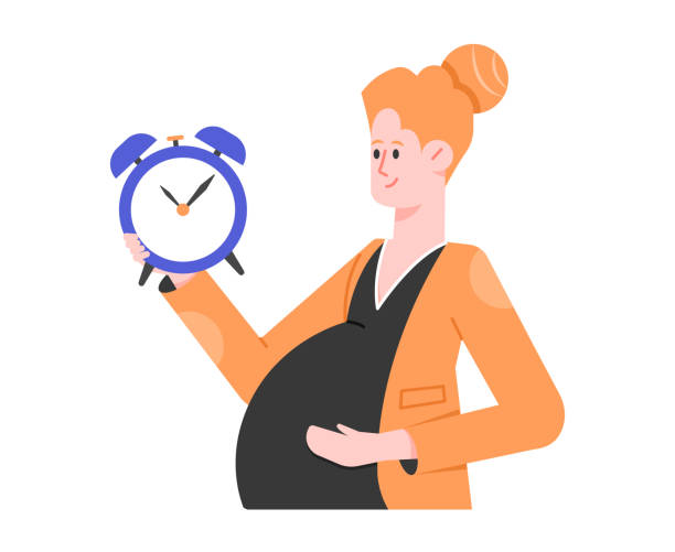 wanita hamil dengan perut memegang jam alarm di tangannya. kontraksi, persalinan, menjaga kesehatan ibu hamil. ilustrasi datar vektor. - time life ilustrasi stok