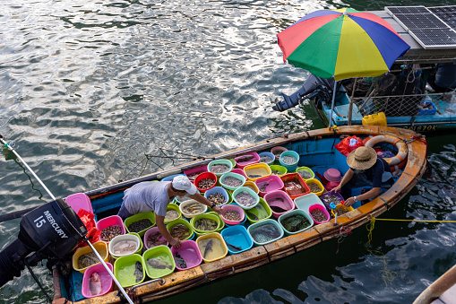 Hong Kong - October 3, 2021 : Fishermen doing business at a floating seafood market in Sai Kung Pier, New Territories, Hong Kong. It is famous for its seafood market and restaurants in the fishing village, Hong Kong.