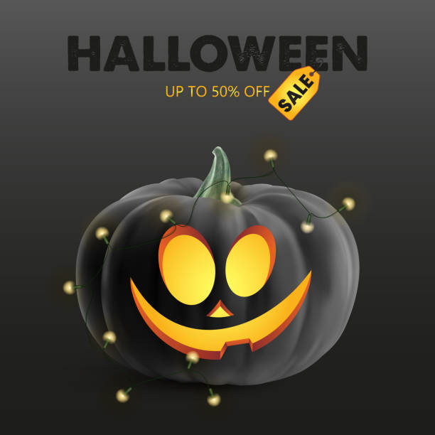 istock Funny realistic pumpkin with cartoon smile face, isolated on black background. Halloween sale. Vector illustration 1346727549