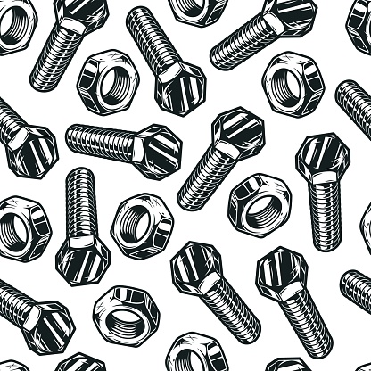 Seamless pattern of steel bolts and nuts in vintage style on white background vector illustration