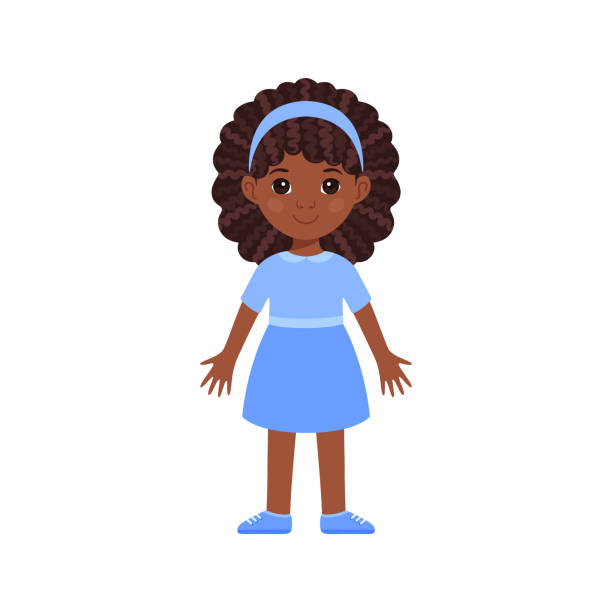 ilustrações, clipart, desenhos animados e ícones de garota isolada preta linda em um vestido azul e em sapatos. criança tem cabelo afro encaracolado. cor estilo desenho animado plano. vista frontal. fundo branco. ilustração de ações vetoriais. - children only child cartoon little girls