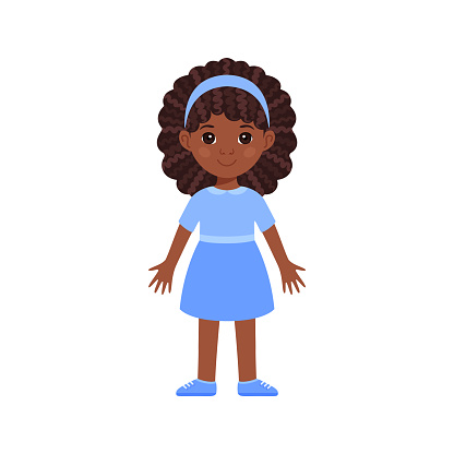 Isolated girl black beautiful little in a blue dress and in shoes. Child has Afro curly hair. Color flat cartoon style. Front view. White background. Vector stock illustration.