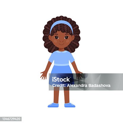 istock Isolated girl black beautiful little in a blue dress and in shoes. Child has Afro curly hair. Color flat cartoon style. Front view. White background. Vector stock illustration. 1346729420