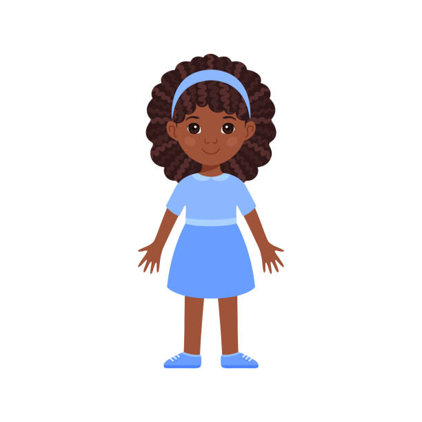 Isolated girl black beautiful little in a blue dress and in shoes. Child has Afro curly hair. Color flat cartoon style. Front view. White background. Vector stock illustration. Isolated girl black beautiful little in a blue dress and in shoes. Child has Afro curly hair. Color flat cartoon style. Front view. White background. Vector stock illustration. doll stock illustrations