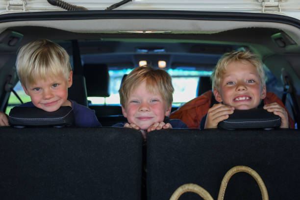 istock Three boys smilling while sitting in a back seat of a car. 1346730268