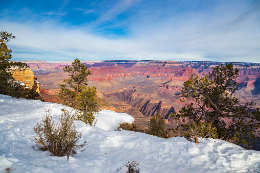 Snow on the Grand Canyon south rim on a sunny day of winter in Arizona, USA