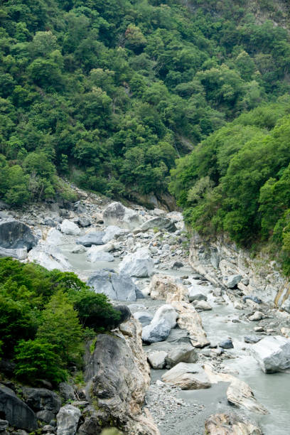 Steep rocks along river at Taroko National Park, Taiwan stock photo