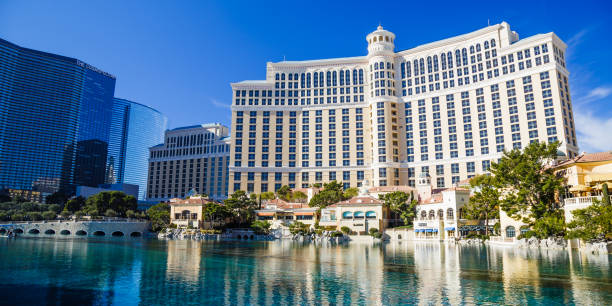 Bellagio  and Cosmopolitan resorts, luxury hotels and casinos on the Las Vegas Strip Bellagio  and Cosmopolitan resorts, luxury hotels and casinos on the Las Vegas Strip in Las Vegas, Nevada on a summer day bellagio stock pictures, royalty-free photos & images