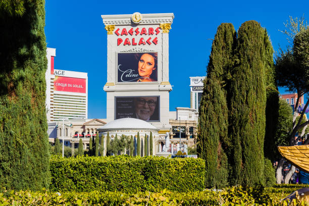 schermo che annuncia lo spettacolo di celine dion al colosseo al caesars palace, un hotel di lusso e casinò - las vegas metropolitan area the las vegas strip casino sign foto e immagini stock