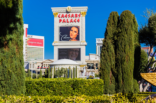 Screen announcing the Celine Dion show at the Colosseum at the Caesars Palace, a luxury hotel and casino in Paradise, Nevada, United States