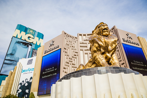 Leo the Lion and the MGM Grand Las Vegas resort hotel in Las Vegas, Nevada, USA