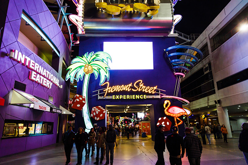Neons of the Fremont Street Experience entrance at night in Las Vegas, Nevada, USA
