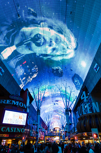 Bon Jovi show on the giant display screen of the Fremont Street Experience at night in Las Vegas, Nevada, USA