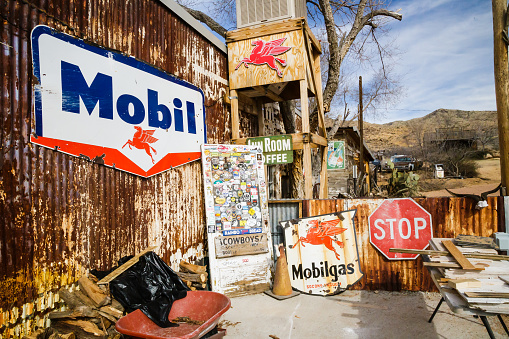 Mobil vintage gas station at the Hackberry General Store on Arizona State Route 66, USA