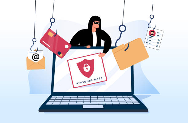 Hacker and Cyber criminals phishing stealing private personal data, user login, password, document, email and card. Hacker and Cyber criminals phishing stealing private personal data, user login, password, document, email and credit card. Phishing and fraud, online scam and steal. Hacker sitting at the desktop privacy illustrations stock illustrations