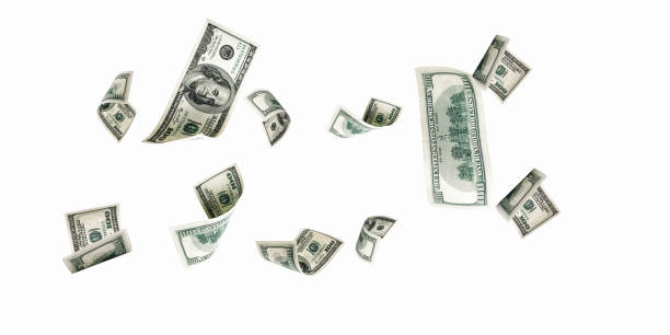 istock Money stack. Hundred dollars of America. Falling money isolated, us bill white background. 1346735314