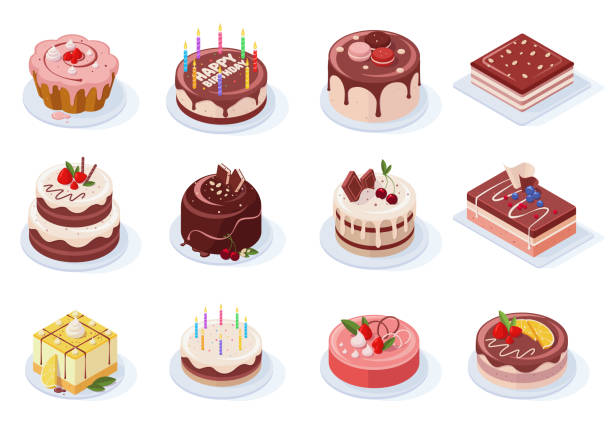 2108.m01.i018.n034.F.c07.1859219161 Isometric business goal successful achievement characters. Vector illustration [Ð¿ÑÐµÐ¾Ð±ÑÐ°Ð·Ð¾Ð²Ð°Ð½Ð½ÑÐ¹] Isometric birthday event tasty strawberry, vanilla, chocolate cakes. Delicious 3d frosted party cakes vector illustration set. Sweet birthday cakes. Tasty birthday food, dessert and cake Pastry stock illustrations
