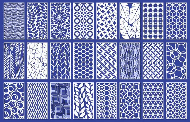 Vector illustration of Decorative laser cut panels template with abstract texture. Geometric and floral laser cutting or engraving panel vector illustration set. Abstract cutting panels template