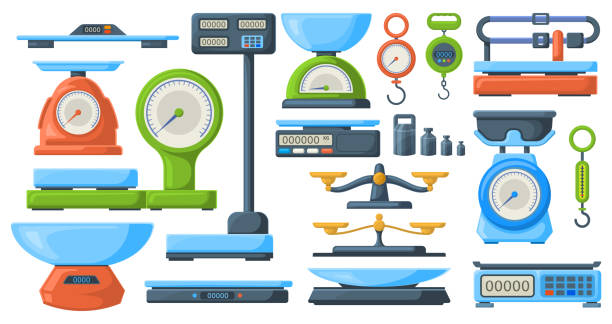 illustrazioni stock, clip art, cartoni animati e icone di tendenza di conservare bilance elettroniche e meccaniche per la misurazione del peso. set di illustrazioni vettoriali dello strumento di misura della bilancia di mercato o da cucina. simboli delle bilance pesatrici - chilogrammo