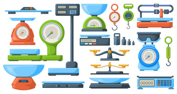 store electronic and mechanical scales for weight measuring. market or kitchen measuring libra instrument vector illustration set. weigher scales symbols - 公斤 幅插畫檔、美工圖案、卡通及圖標