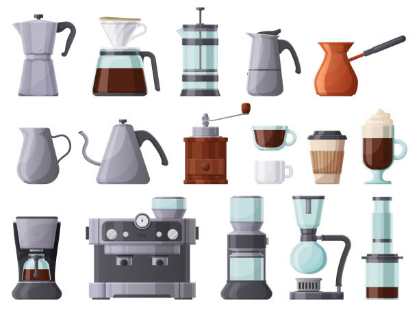 kaffeemaschinen, french press, cezve, kanne, aeropress und espressomaschine. kaffeebrühwerkzeuge, tassen und kaffeekannen vektor-illustrationsset. heißgetränk kaffee elemente - kaffeekanne stock-grafiken, -clipart, -cartoons und -symbole