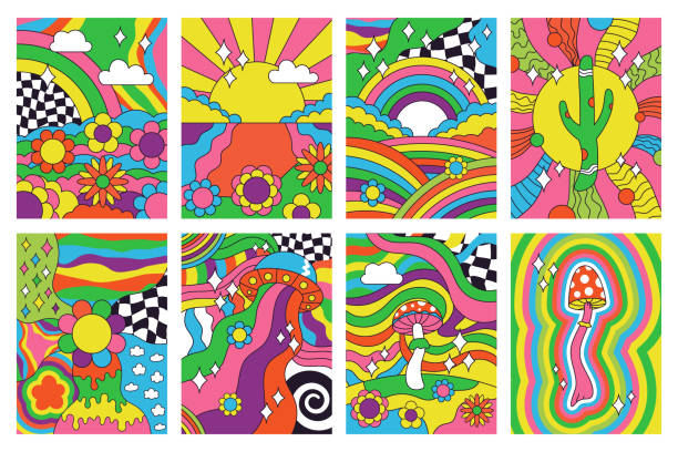 illustrazioni stock, clip art, cartoni animati e icone di tendenza di groovy vibrazioni retrò, poster di arte psichedelica in stile hippie anni '70. astratto psichedelico hippie arcobaleno paesaggio anni '60 poster set di illustrazioni vettoriali. copertine retrò in stile hippie - style fashion funky elegance