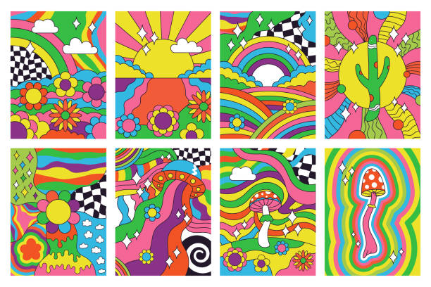 Groovy retro vibes, 70s hippie style psychedelic art posters. Abstract psychedelic hippie rainbow landscape 60s posters vector illustration set. Hippie style retro covers Groovy retro vibes, 70s hippie style psychedelic art posters. Abstract psychedelic hippie rainbow landscape 60s posters vector illustration set. Hippie style retro covers. Psychedelic vintage posters doodle stock illustrations