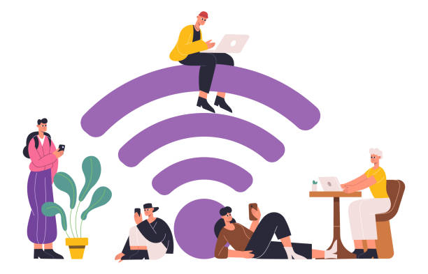 istock People using mobile internet, free wifi zone concept. Free internet hotspot zone with wifi sign, wifi public access area vector illustration. Characters using free internet 1346736460