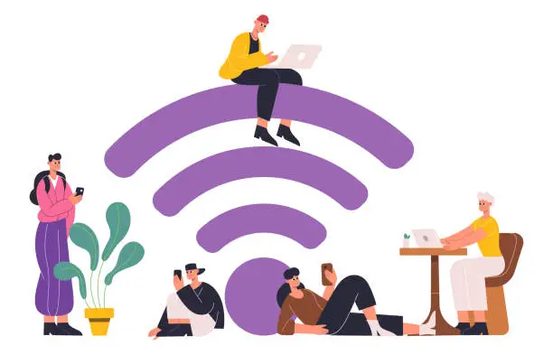 Vector illustration of People using mobile internet, free wifi zone concept. Free internet hotspot zone with wifi sign, wifi public access area vector illustration. Characters using free internet