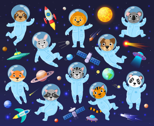 istock Cartoon space cosmonaut animals, cute animal astronauts. Galaxy space animals koala, racoon, leo and sloth vector illustration set. Animals astronauts flying in open space 1346736483