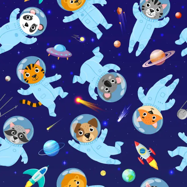 Vector illustration of Cartoon space animals cosmonauts, astronauts seamless pattern. Cute space galaxy astronauts in space suits vector illustration. Space animals seamless pattern