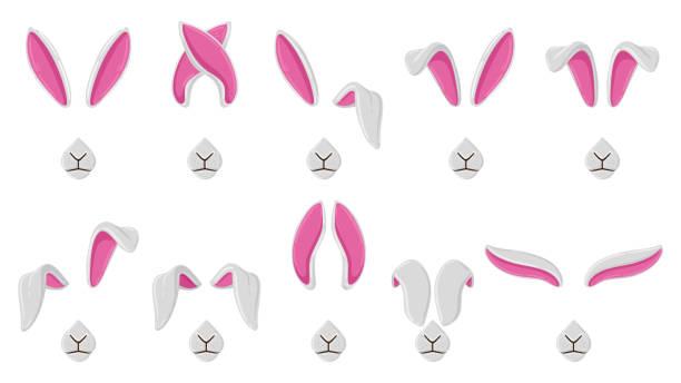 Cartoon rabbit ears, cute bunny ears selfie or video chat masks. Rabbit ears and noses selfie filters or mobile photo editor vector illustration set. Bunny video chat masks Cartoon rabbit ears, cute bunny ears selfie or video chat masks. Rabbit ears and noses selfie filters or photo vector illustration. Bunny video chat masks. Rabbit selfie bunny, animal ear funny mask bunny ear stock illustrations