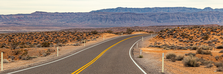 Panoramic shot of an empty road and the arid desert of Valley of Fire State Park, USA