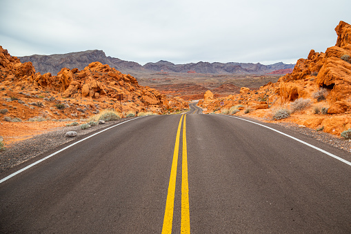 Empty desert road in Valley of Fire State Park in Nevada, USA