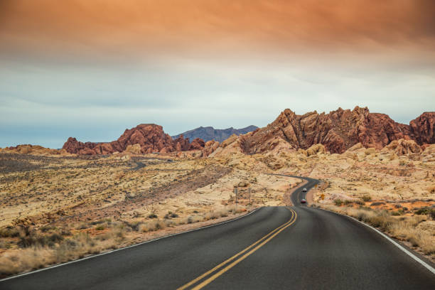 pusta pustynna droga w parku stanowym valley of fire, usa - road scenics desert road usa zdjęcia i obrazy z banku zdjęć