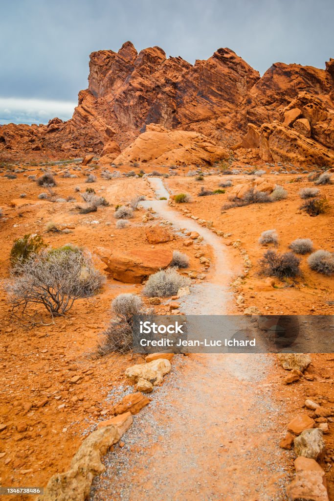 Trail path in Valley of Fire State Park Trail path in the desert of Valley of Fire State Park, USA Footpath Stock Photo